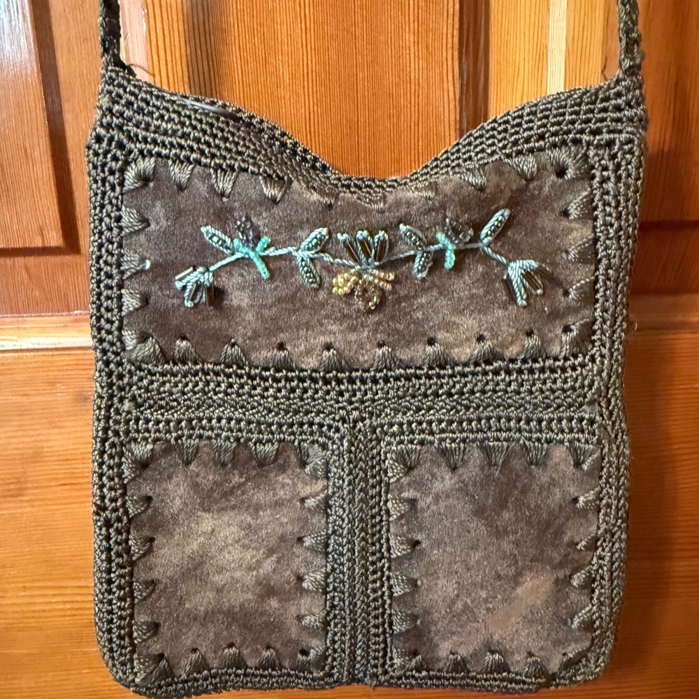Unbranded Suede Crochet Crossbody Bag Womens Small Brown Fair Boho Beaded Floral - Picture 1 of 9